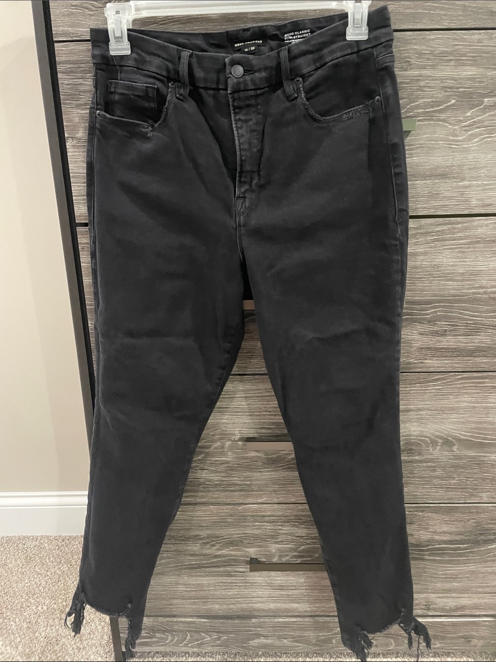 Good American Washed Black Ankle Crop Jeans with Frayed Hem